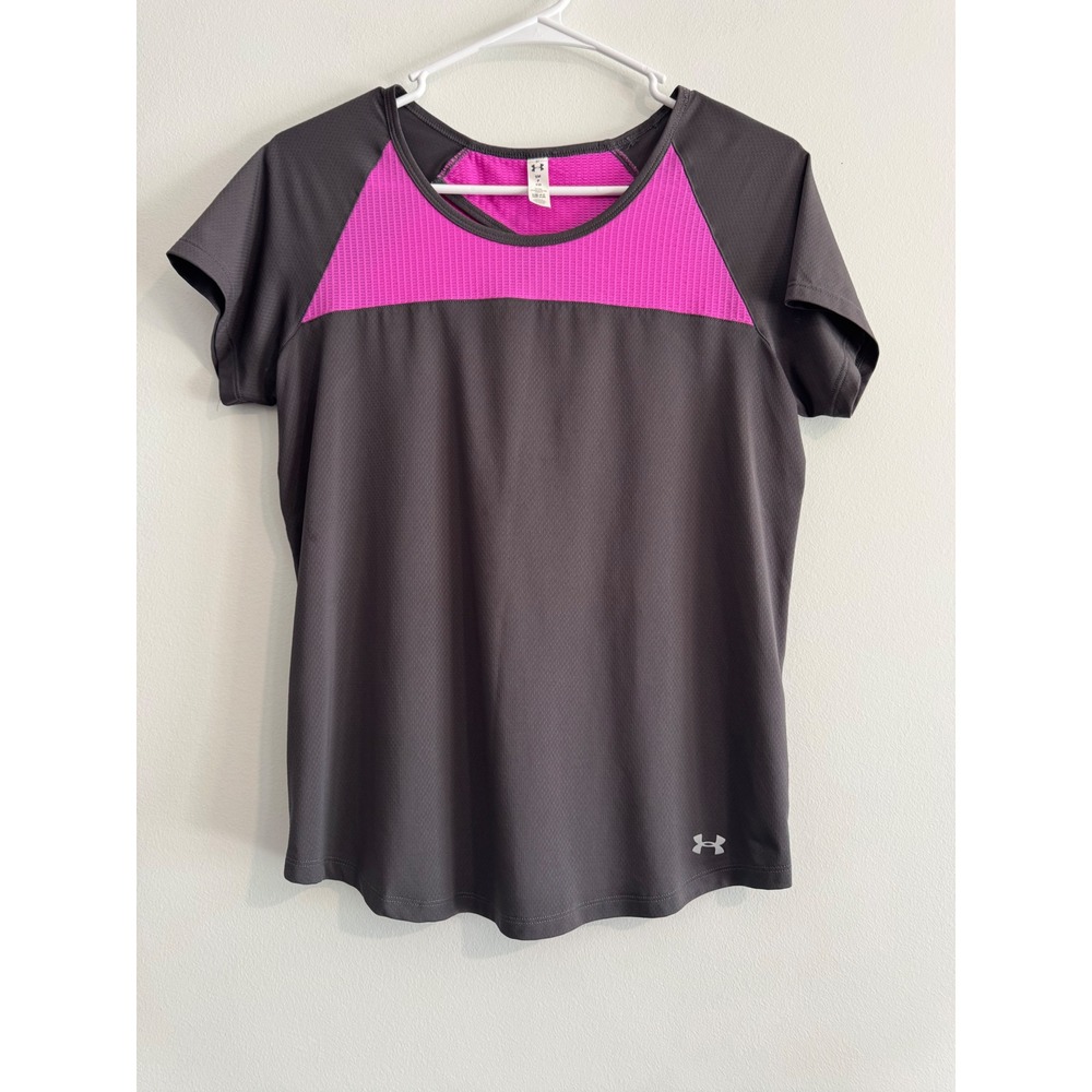 Under Armour HeatGear Short Sleeve Top Womens SM Grey Pink Open Back Cutout
